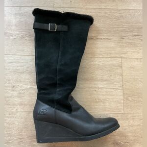 UGG Misha black suede/leather knee high wedge boots waterproof 9